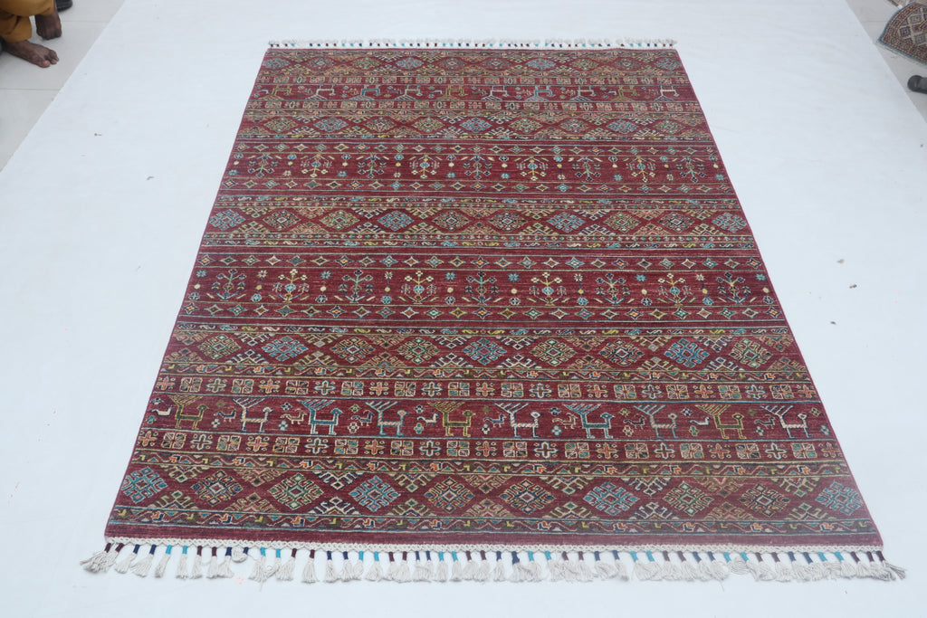 5x8 Red Khurjeen Area Rug | Handmade Wool & Cotton Rainbow Rug | Premium area rug