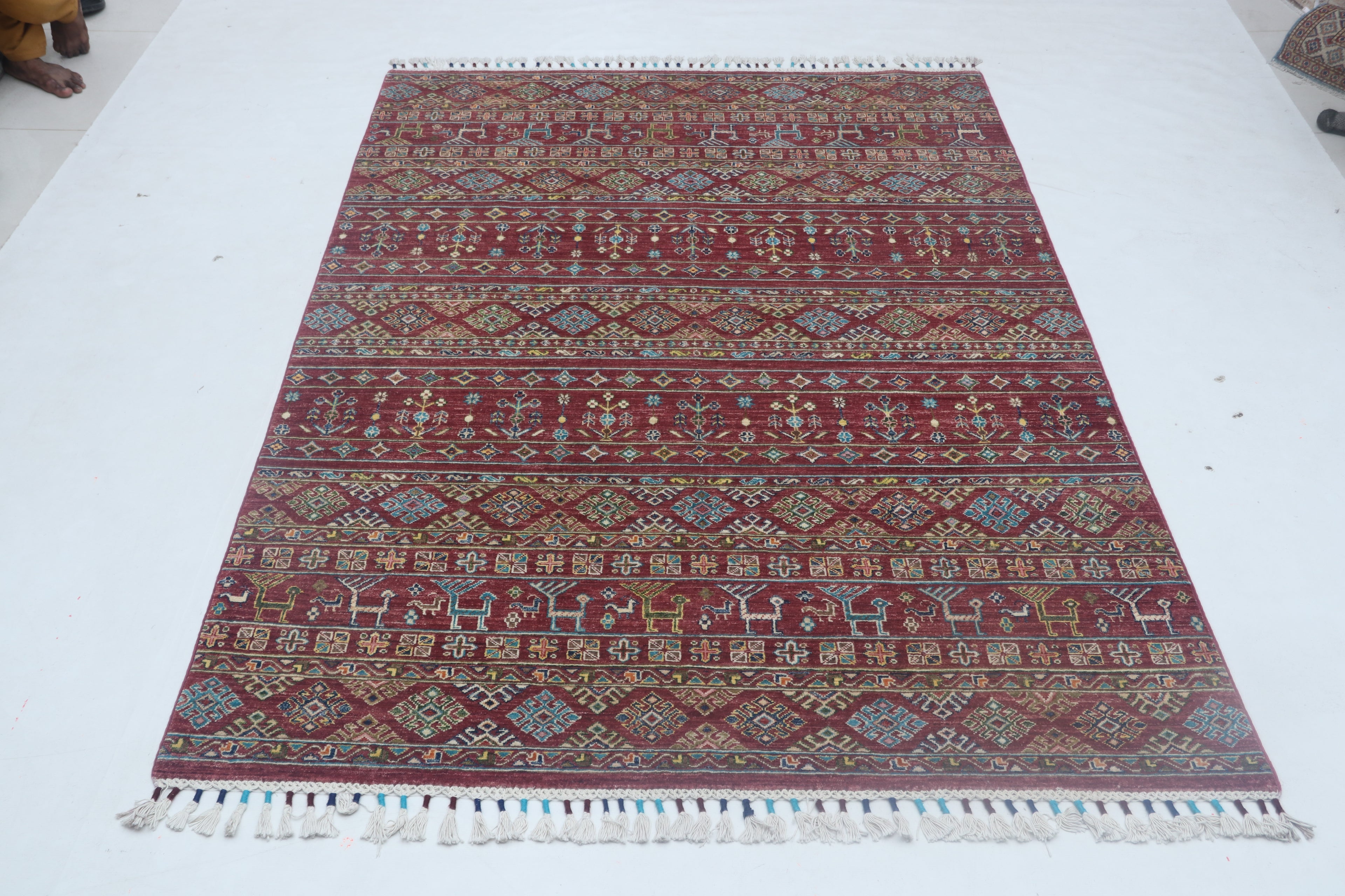 5x8 Red Khurjeen Area Rug | Handmade Wool & Cotton Rainbow Rug | Premium area rug