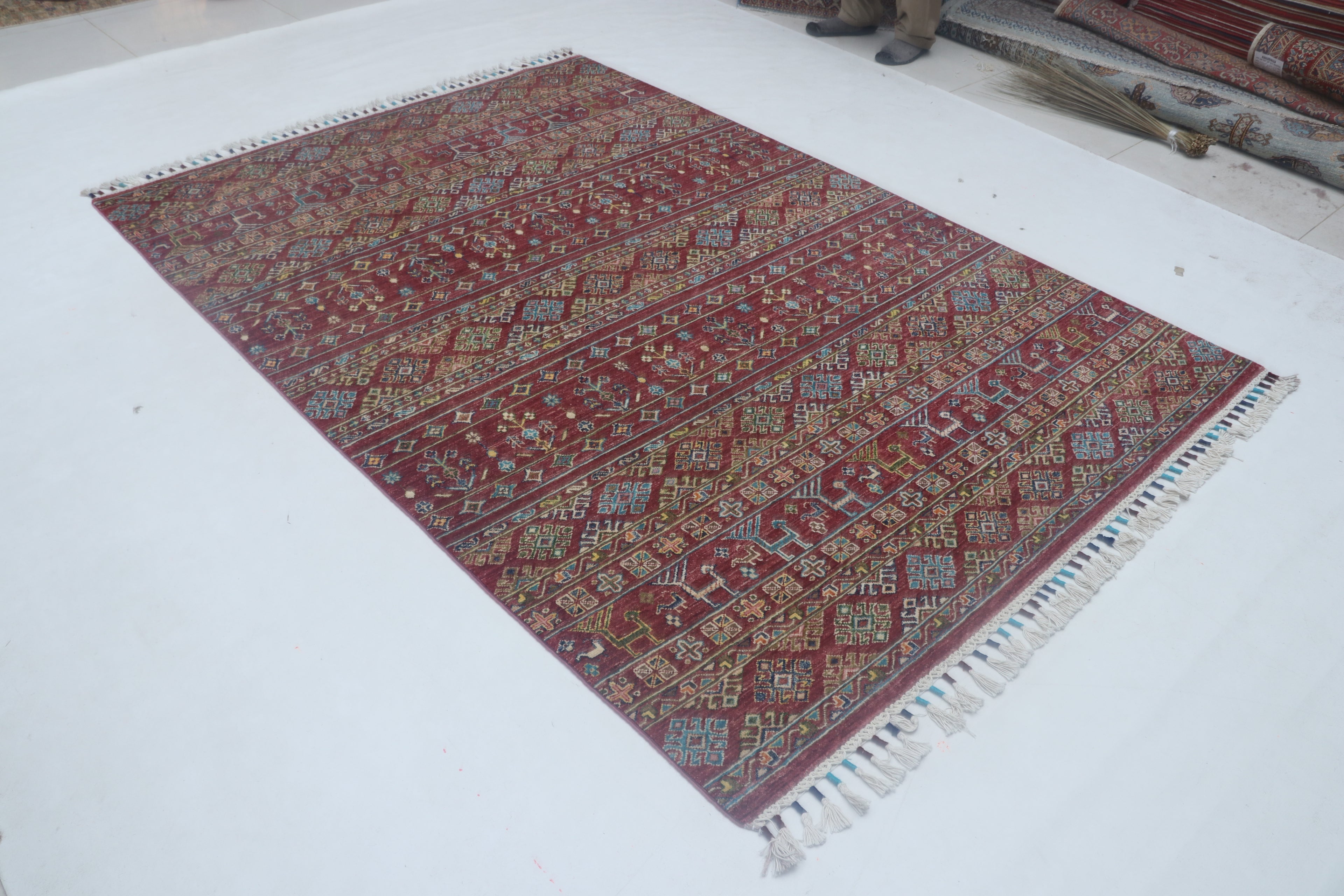 5x8 Red Khurjeen Area Rug | Handmade Wool & Cotton Rainbow Rug | Premium area rug