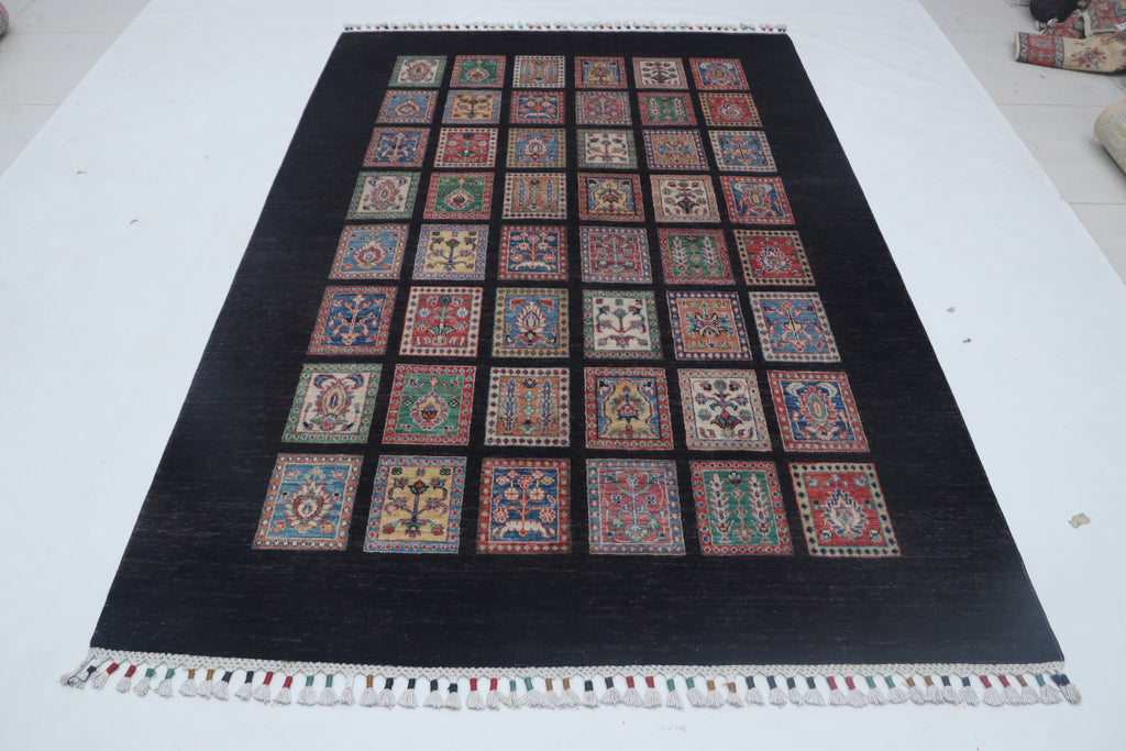 6x8 Black Chobi Floral Handmade Cotton & Wool Rug | Premium Luxury Area Rug
