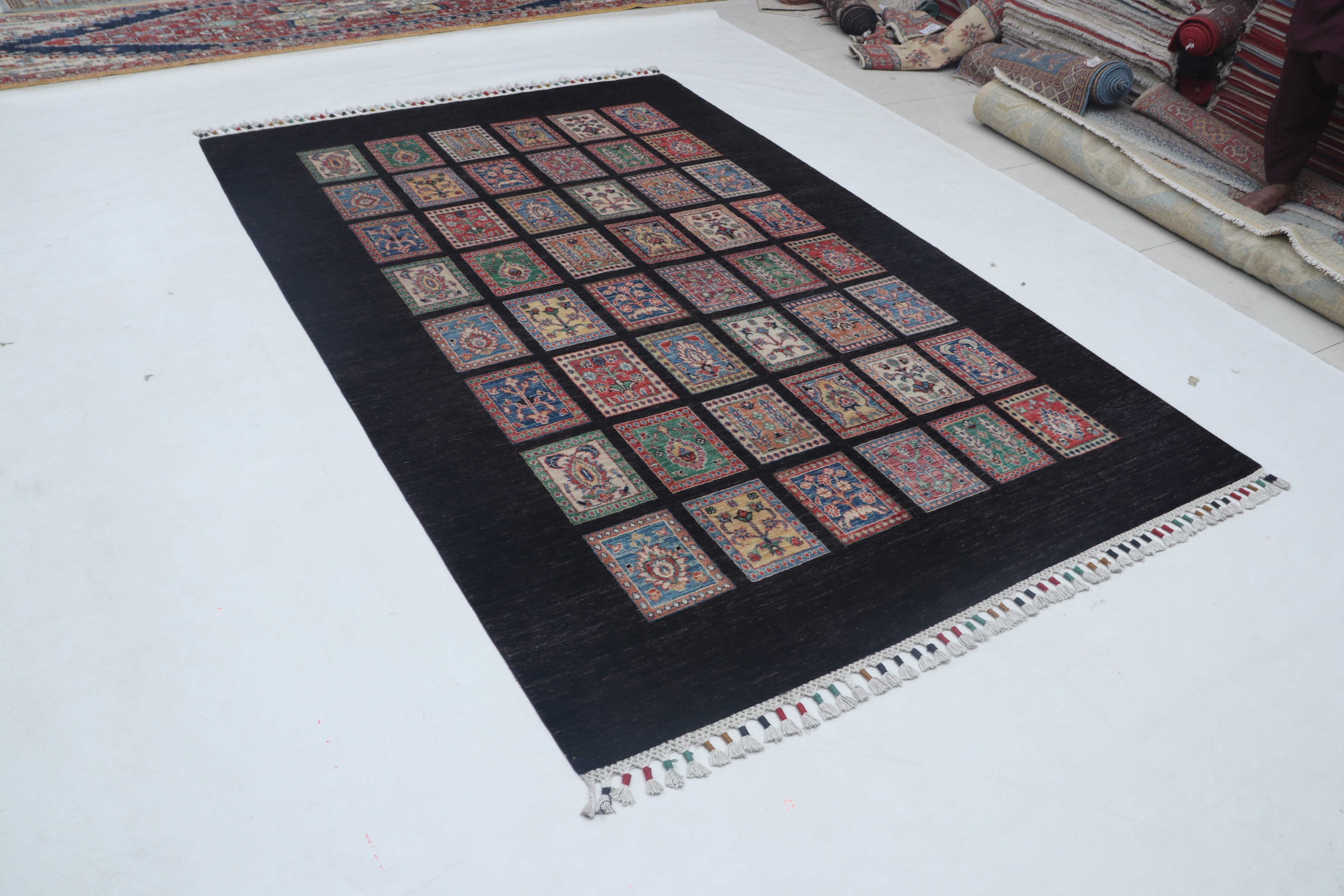 6x8 Black Chobi Floral Handmade Cotton & Wool Rug | Premium Luxury Area Rug