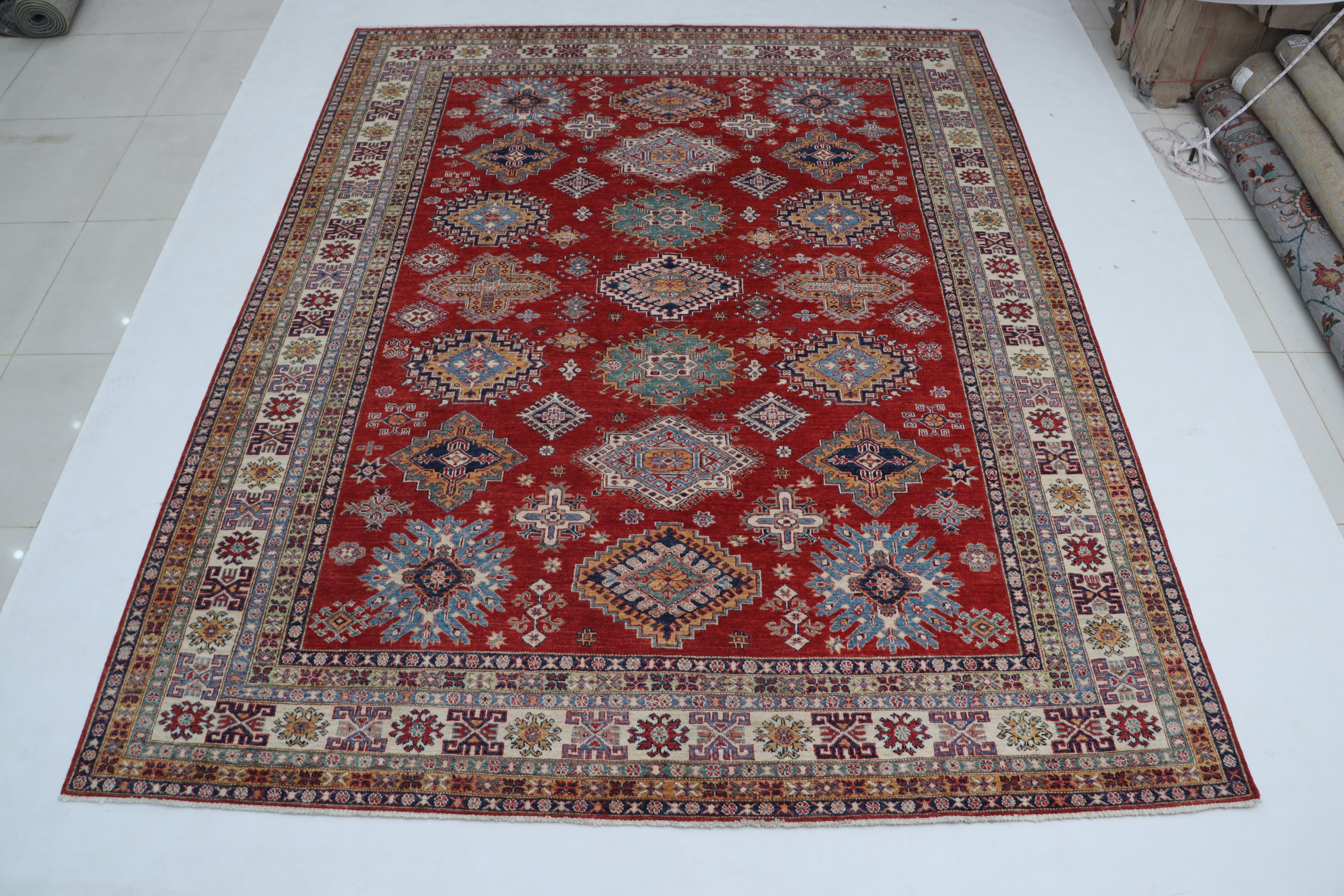 8x10 Red & Beige Super Kazak Geometric Handmade Cotton & Wool Rug | Premium Luxury Area Rug