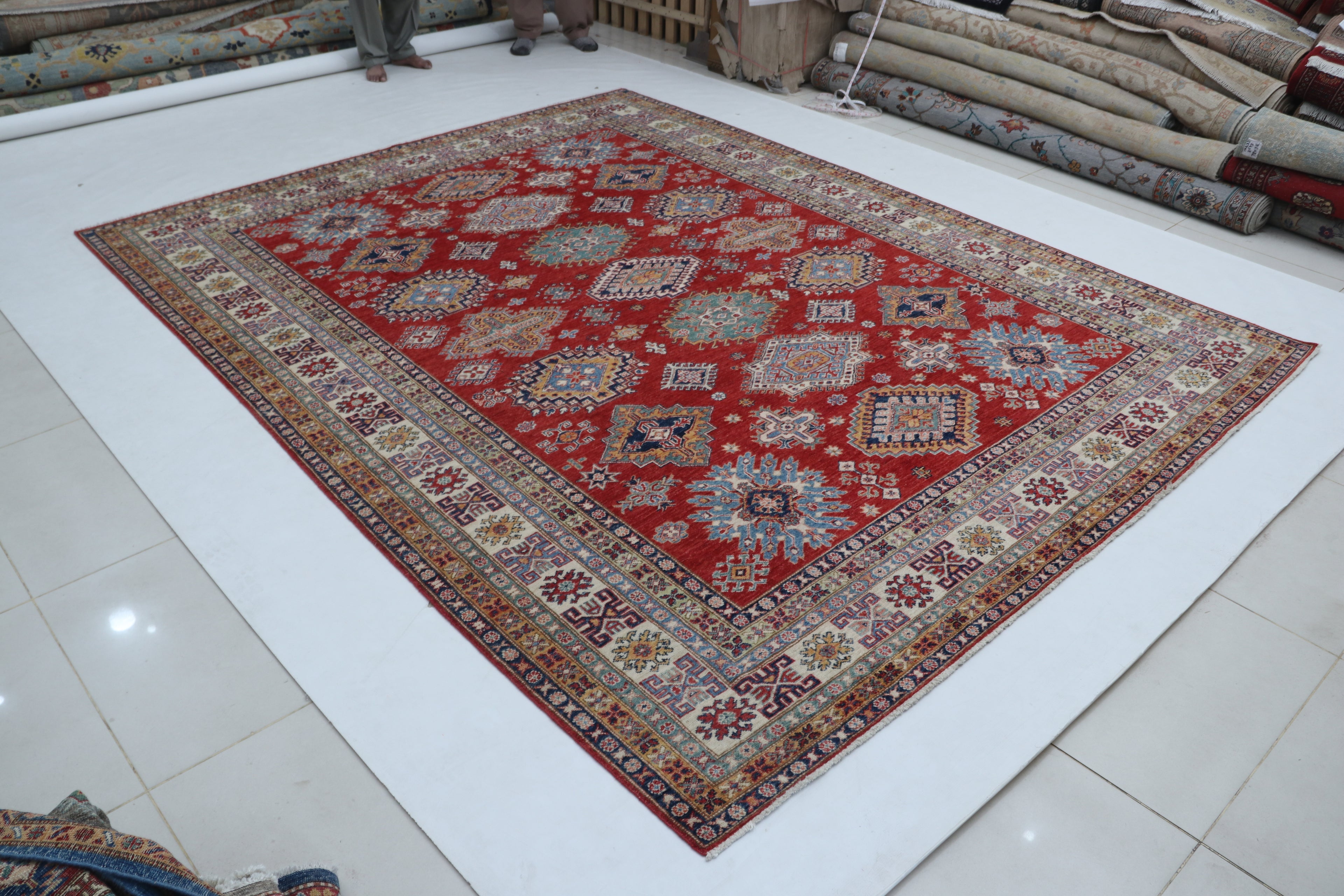 8x10 Red & Beige Super Kazak Geometric Handmade Cotton & Wool Rug | Premium Luxury Area Rug