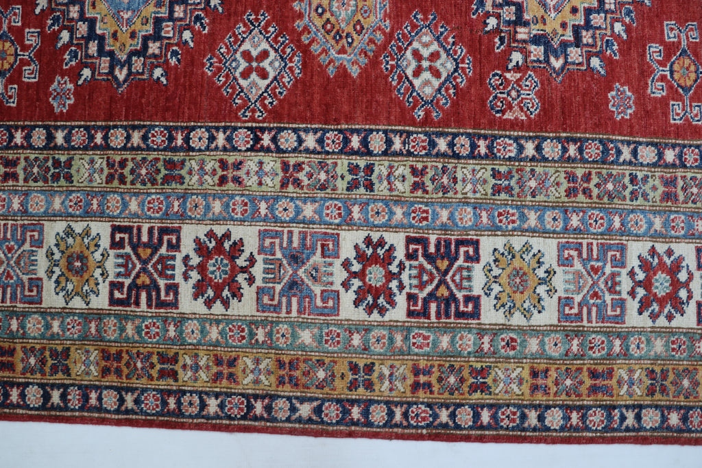 8x10 Red & Beige Super Kazak Geometric Handmade Cotton & Wool Rug | Premium Luxury Area Rug