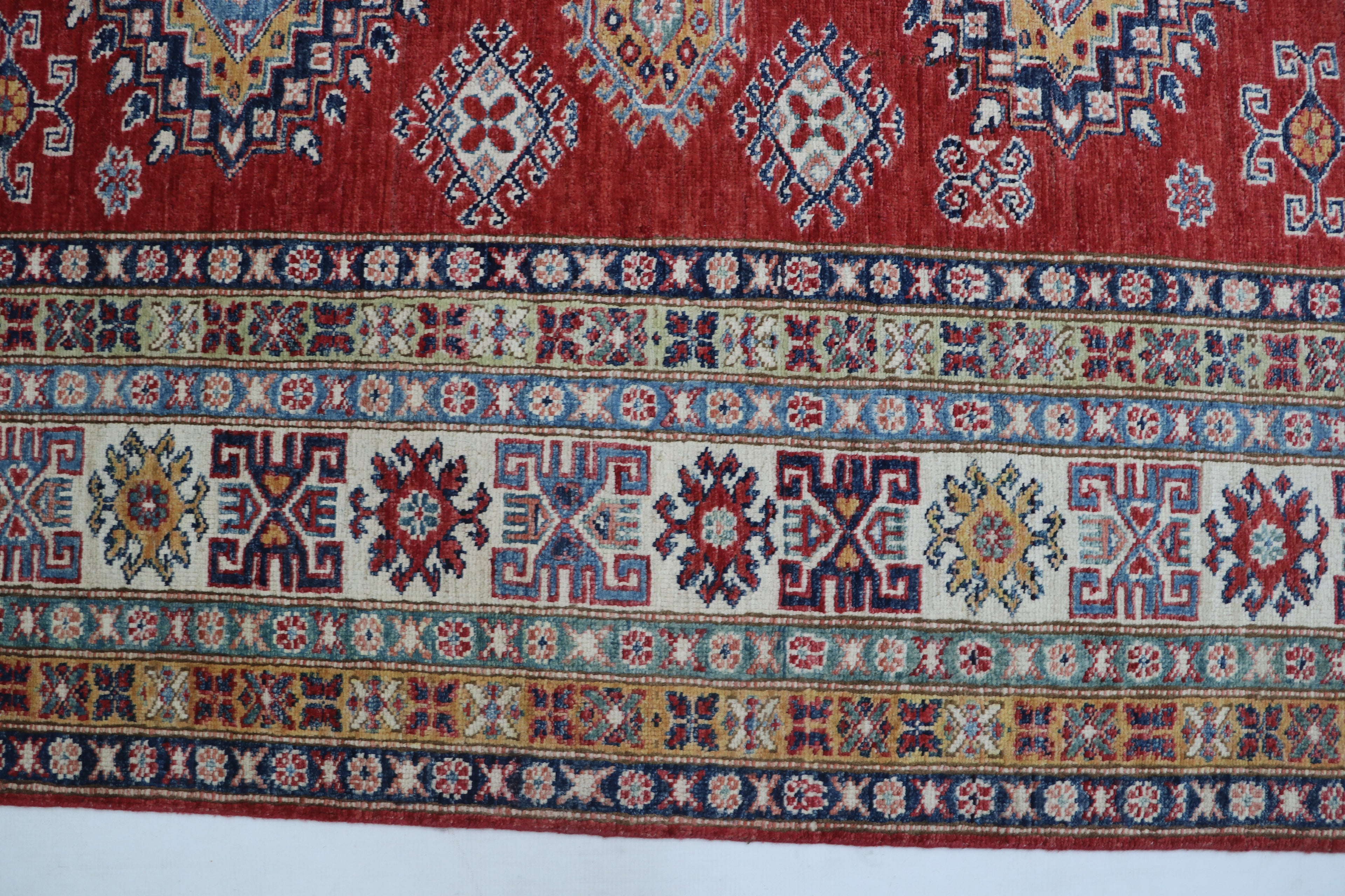8x10 Red & Beige Super Kazak Geometric Handmade Cotton & Wool Rug | Premium Luxury Area Rug