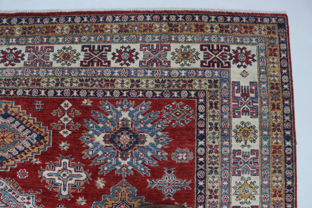8x10 Red & Beige Super Kazak Geometric Handmade Cotton & Wool Rug | Premium Luxury Area Rug