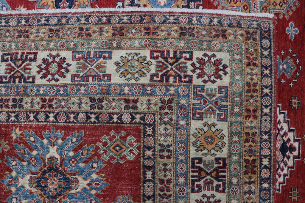 8x10 Red & Beige Super Kazak Geometric Handmade Cotton & Wool Rug | Premium Luxury Area Rug