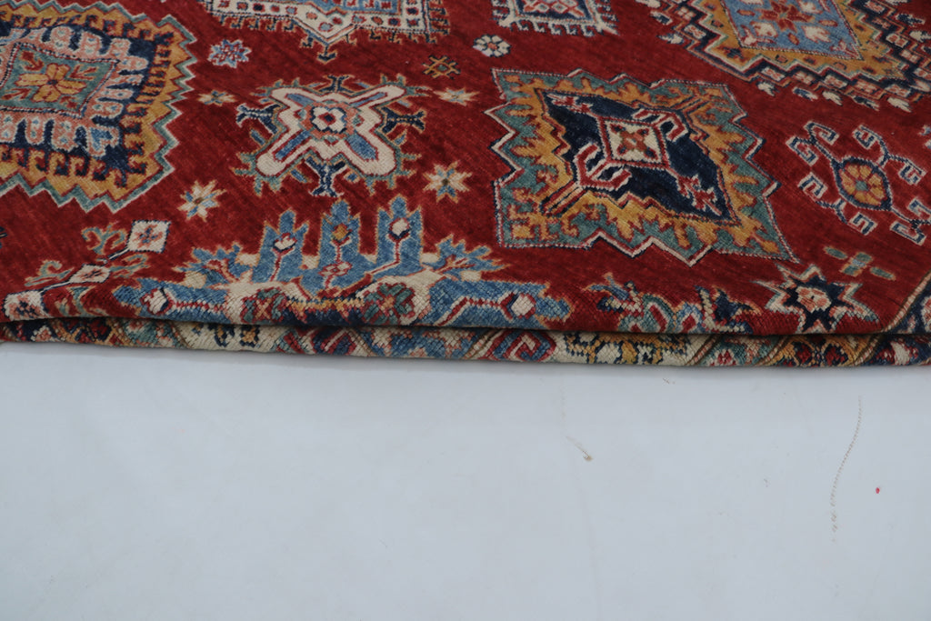 8x10 Red & Beige Super Kazak Geometric Handmade Cotton & Wool Rug | Premium Luxury Area Rug