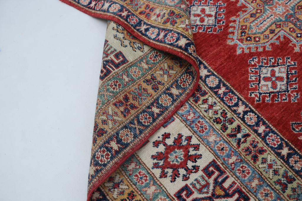 8x10 Red & Beige Super Kazak Geometric Handmade Cotton & Wool Rug | Premium Luxury Area Rug
