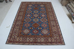 7x10 Blue & Gray Super Kazak Geometric Handmade Cotton & Wool Rug | Premium Luxury Area Rug
