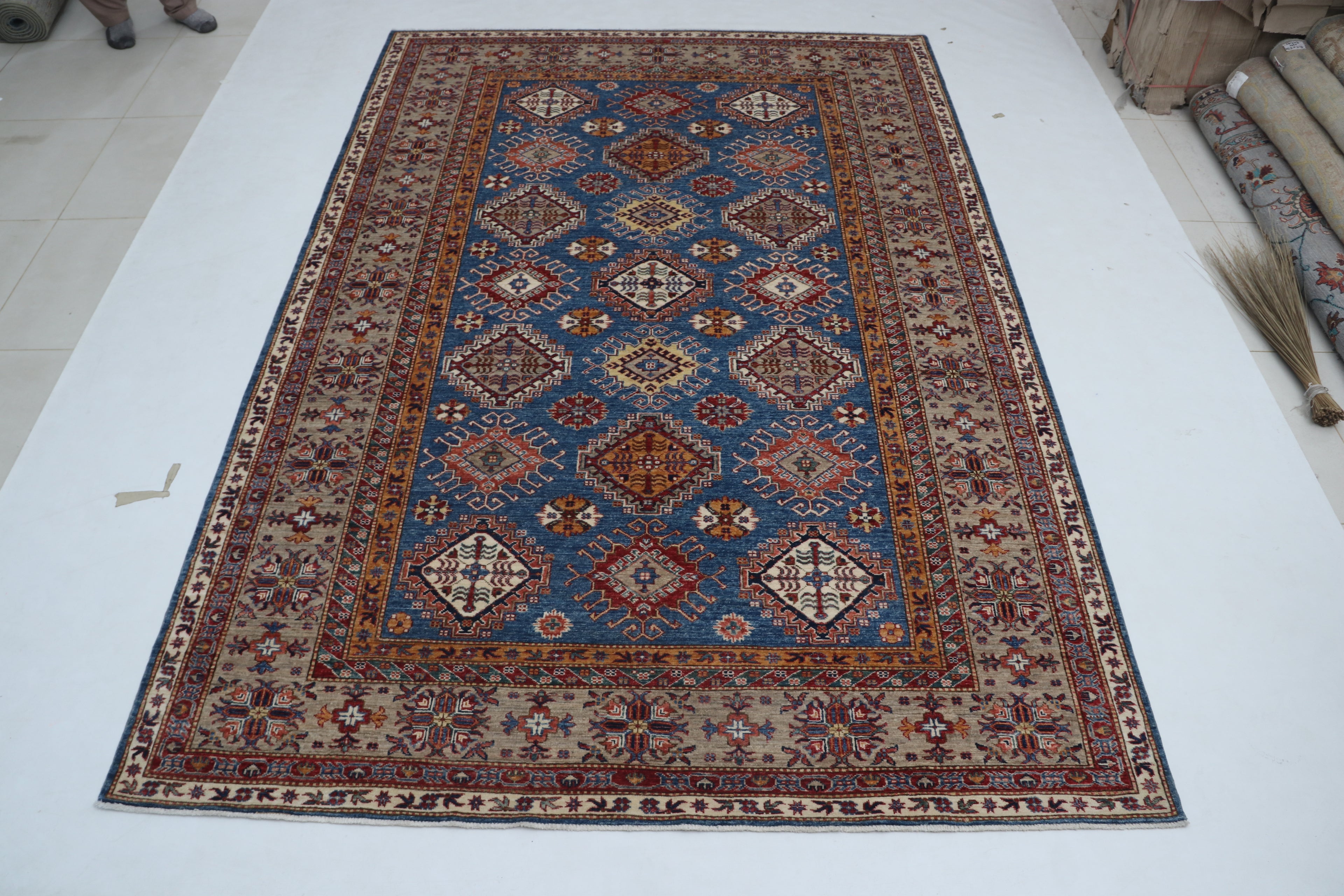 7x10 Blue & Gray Super Kazak Geometric Handmade Cotton & Wool Rug | Premium Luxury Area Rug