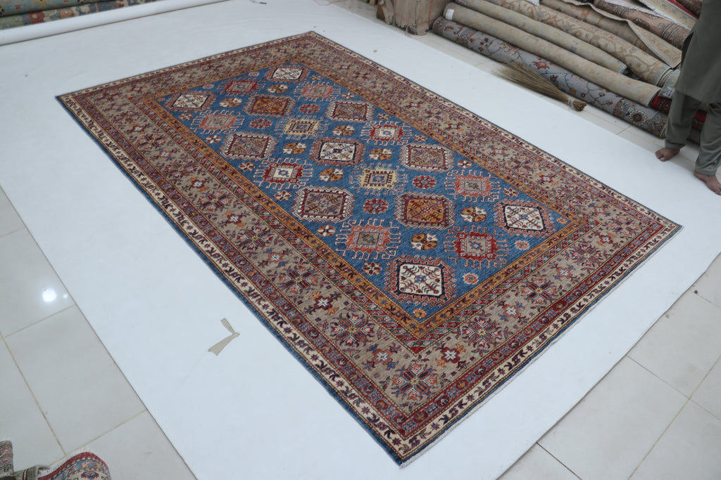 7x10 Blue & Gray Super Kazak Geometric Handmade Cotton & Wool Rug | Premium Luxury Area Rug