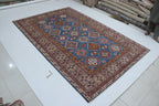 7x10 Blue & Gray Super Kazak Geometric Handmade Cotton & Wool Rug | Premium Luxury Area Rug