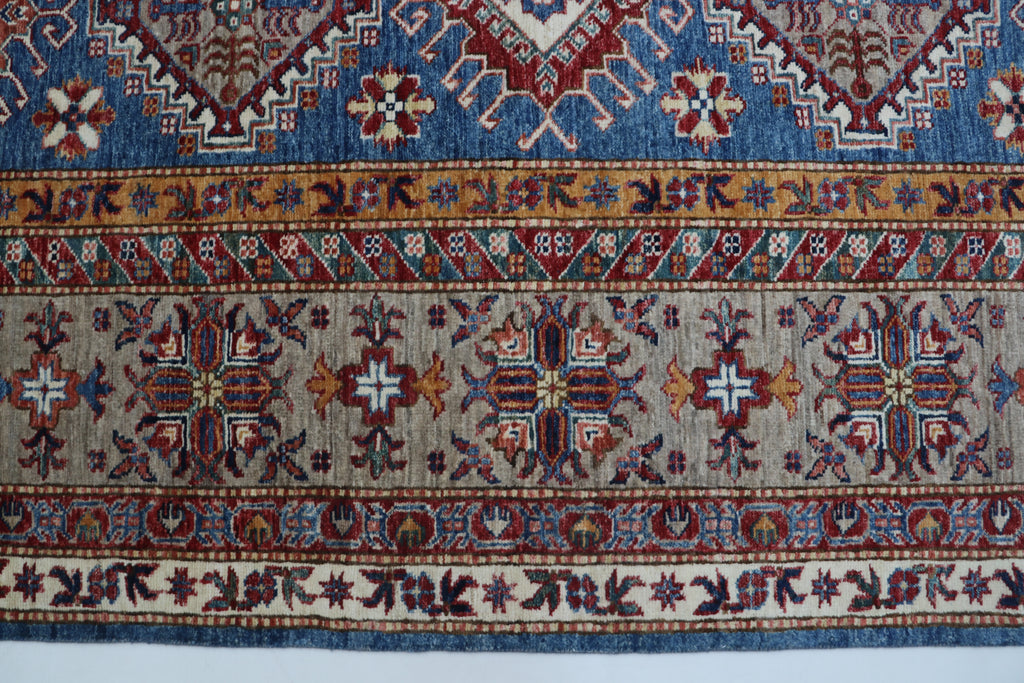 7x10 Blue & Gray Super Kazak Geometric Handmade Cotton & Wool Rug | Premium Luxury Area Rug