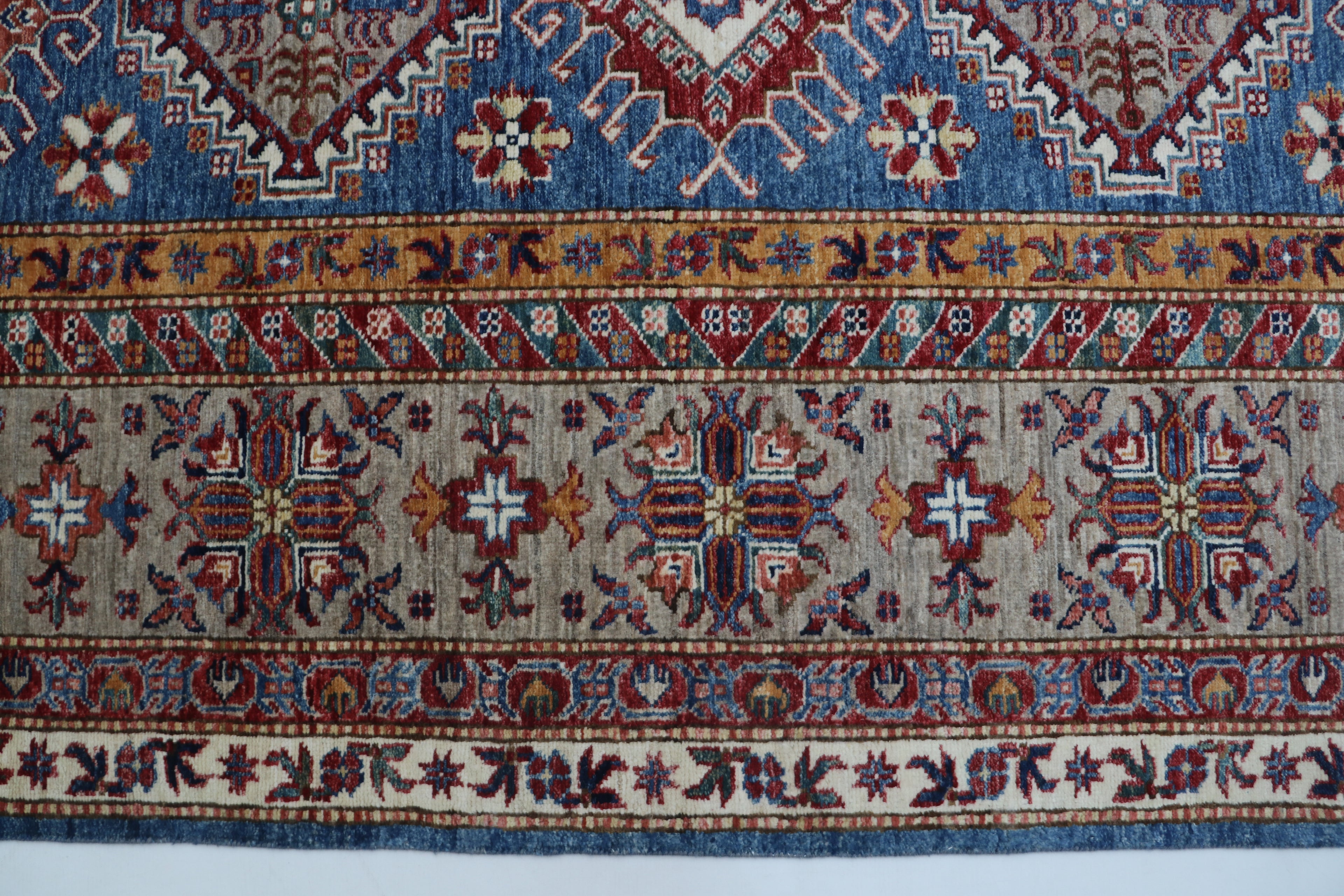 7x10 Blue & Gray Super Kazak Geometric Handmade Cotton & Wool Rug | Premium Luxury Area Rug