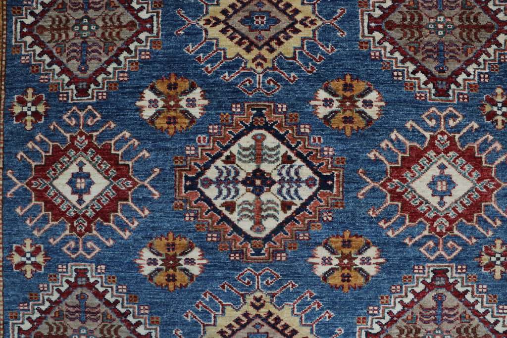 7x10 Blue & Gray Super Kazak Geometric Handmade Cotton & Wool Rug | Premium Luxury Area Rug