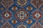 7x10 Blue & Gray Super Kazak Geometric Handmade Cotton & Wool Rug | Premium Luxury Area Rug