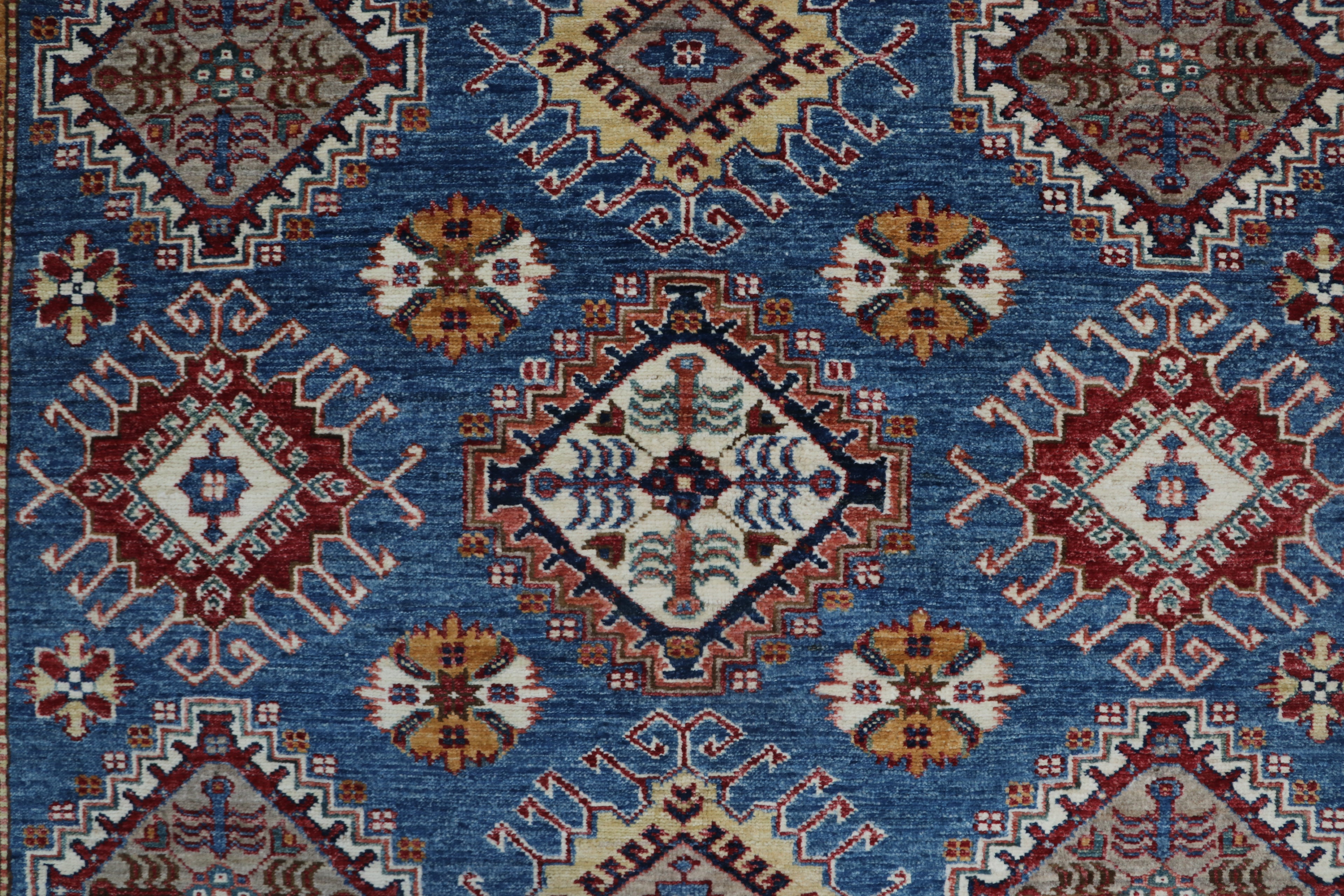 7x10 Blue & Gray Super Kazak Geometric Handmade Cotton & Wool Rug | Premium Luxury Area Rug