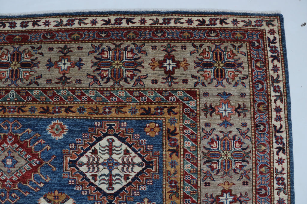 7x10 Blue & Gray Super Kazak Geometric Handmade Cotton & Wool Rug | Premium Luxury Area Rug