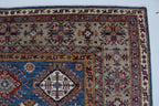 7x10 Blue & Gray Super Kazak Geometric Handmade Cotton & Wool Rug | Premium Luxury Area Rug
