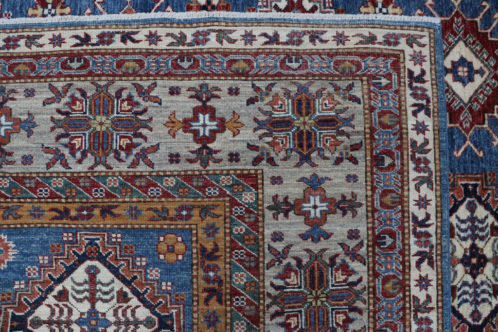 7x10 Blue & Gray Super Kazak Geometric Handmade Cotton & Wool Rug | Premium Luxury Area Rug