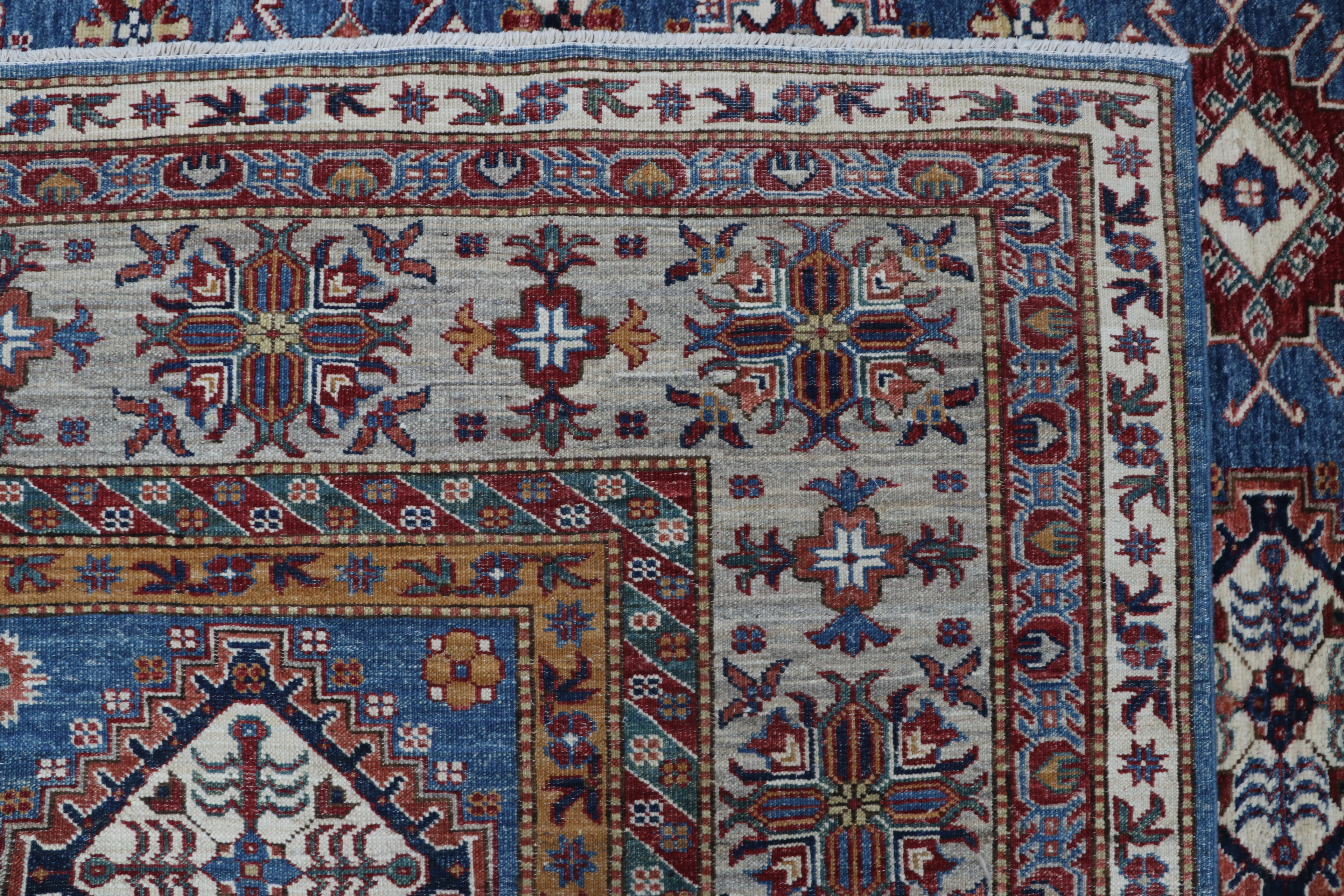 7x10 Blue & Gray Super Kazak Geometric Handmade Cotton & Wool Rug | Premium Luxury Area Rug