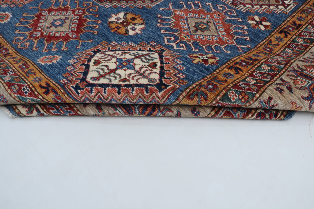7x10 Blue & Gray Super Kazak Geometric Handmade Cotton & Wool Rug | Premium Luxury Area Rug