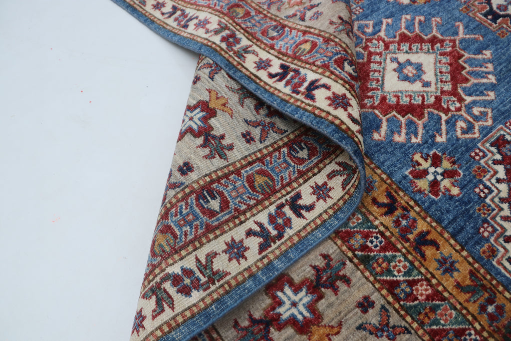 7x10 Blue & Gray Super Kazak Geometric Handmade Cotton & Wool Rug | Premium Luxury Area Rug