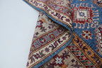 7x10 Blue & Gray Super Kazak Geometric Handmade Cotton & Wool Rug | Premium Luxury Area Rug