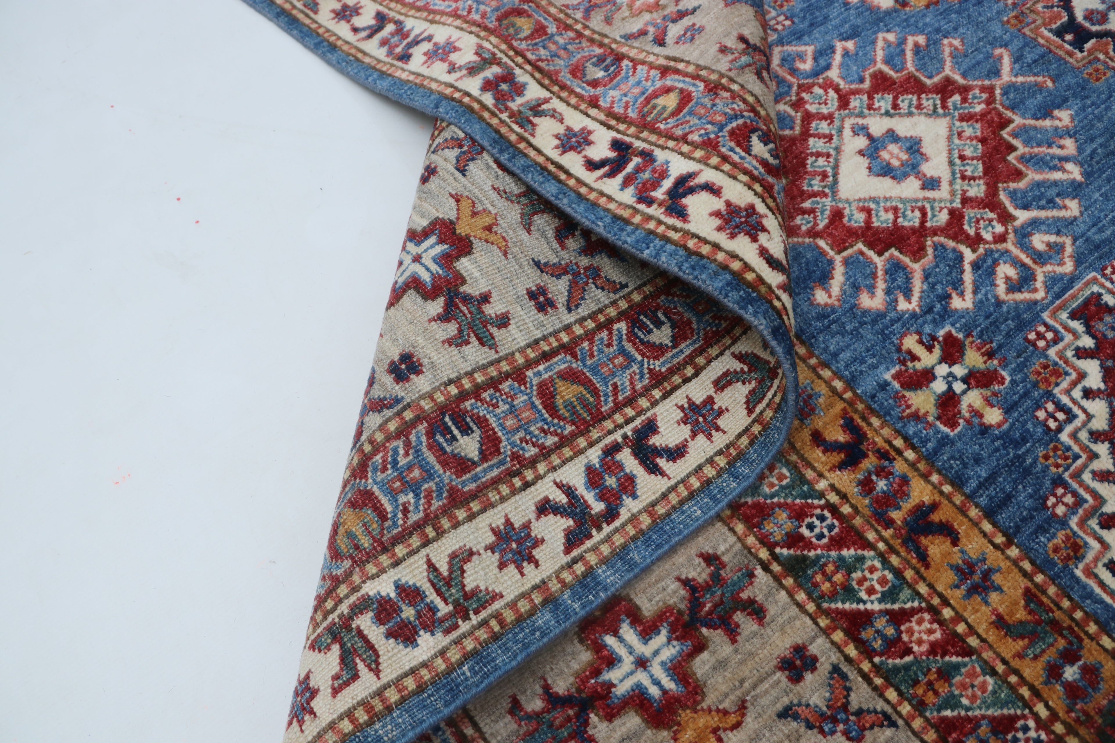 7x10 Blue & Gray Super Kazak Geometric Handmade Cotton & Wool Rug | Premium Luxury Area Rug