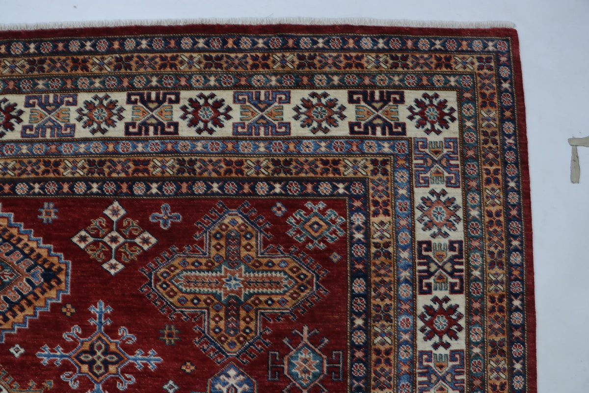 8x10 Red Super Kazak Geometric Area Rug | Handmade Wool & Cotton Rug