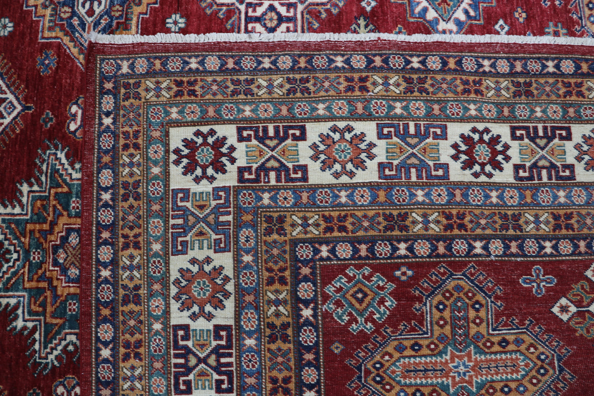 8x10 Red Super Kazak Geometric Area Rug | Handmade Wool & Cotton Rug