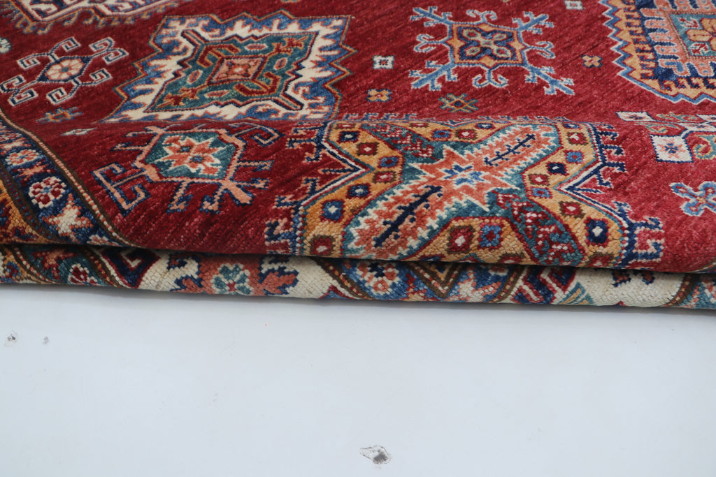 8x10 Red Super Kazak Geometric Area Rug | Handmade Wool & Cotton Rug