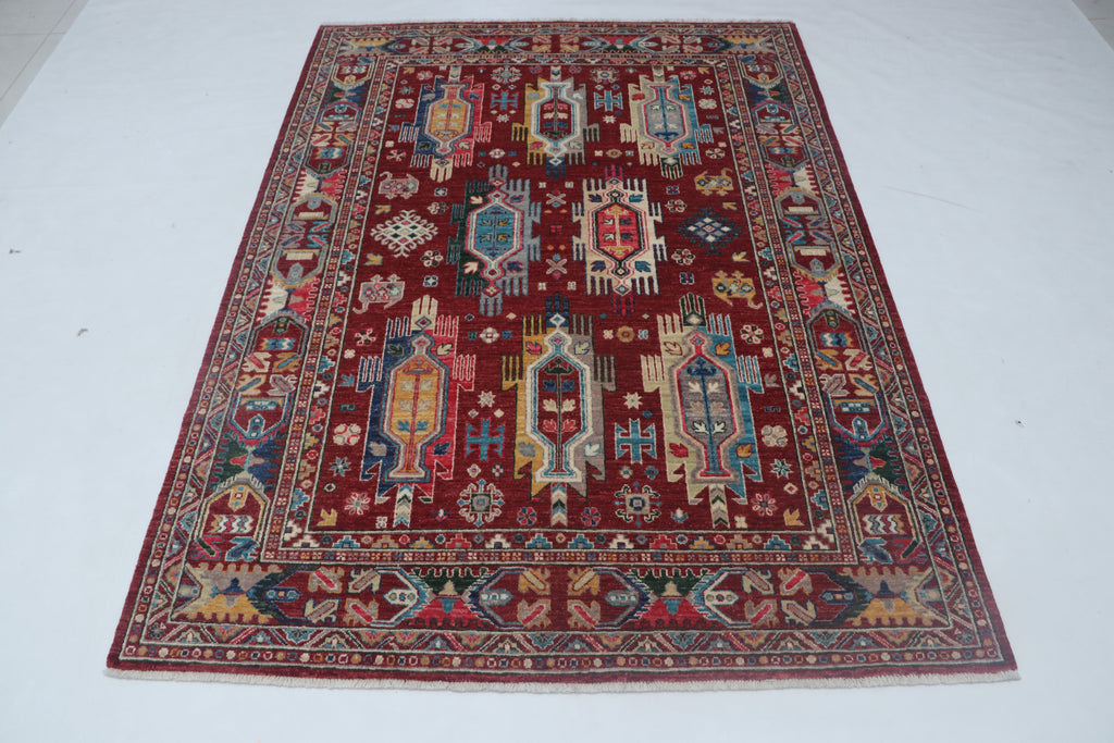 5x6 Red Chobi Floral Handmade Cotton & Wool Rug | Premium Luxury Area Rug