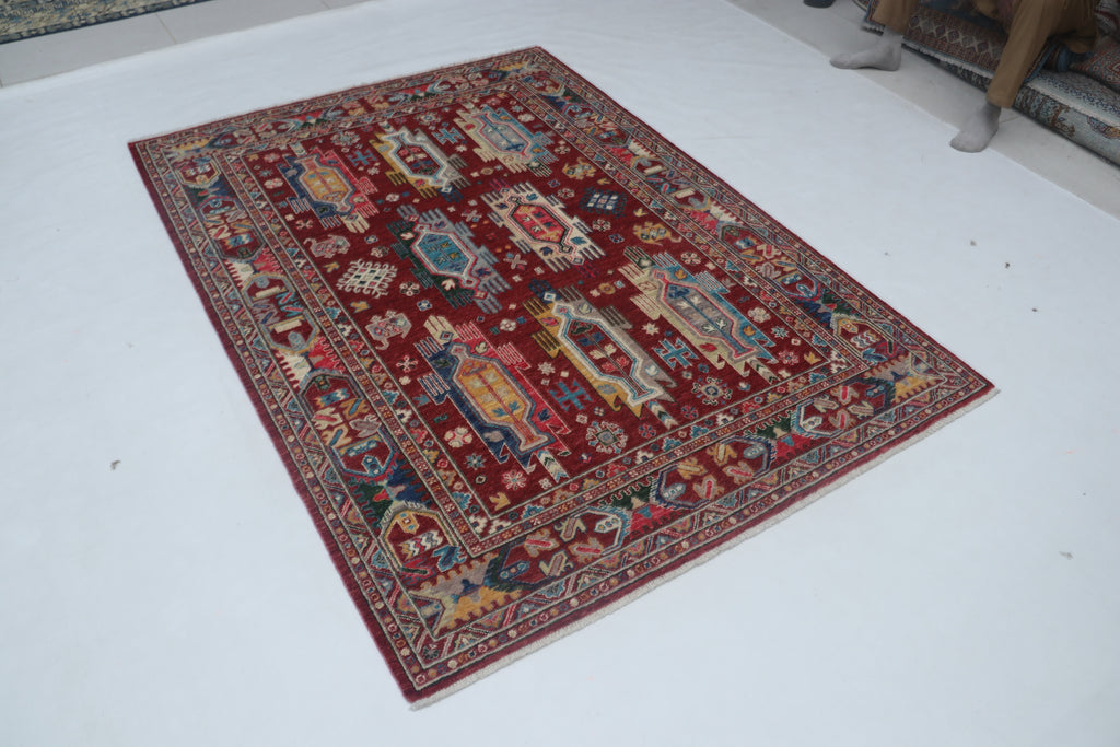 5x6 Red Chobi Floral Handmade Cotton & Wool Rug | Premium Luxury Area Rug