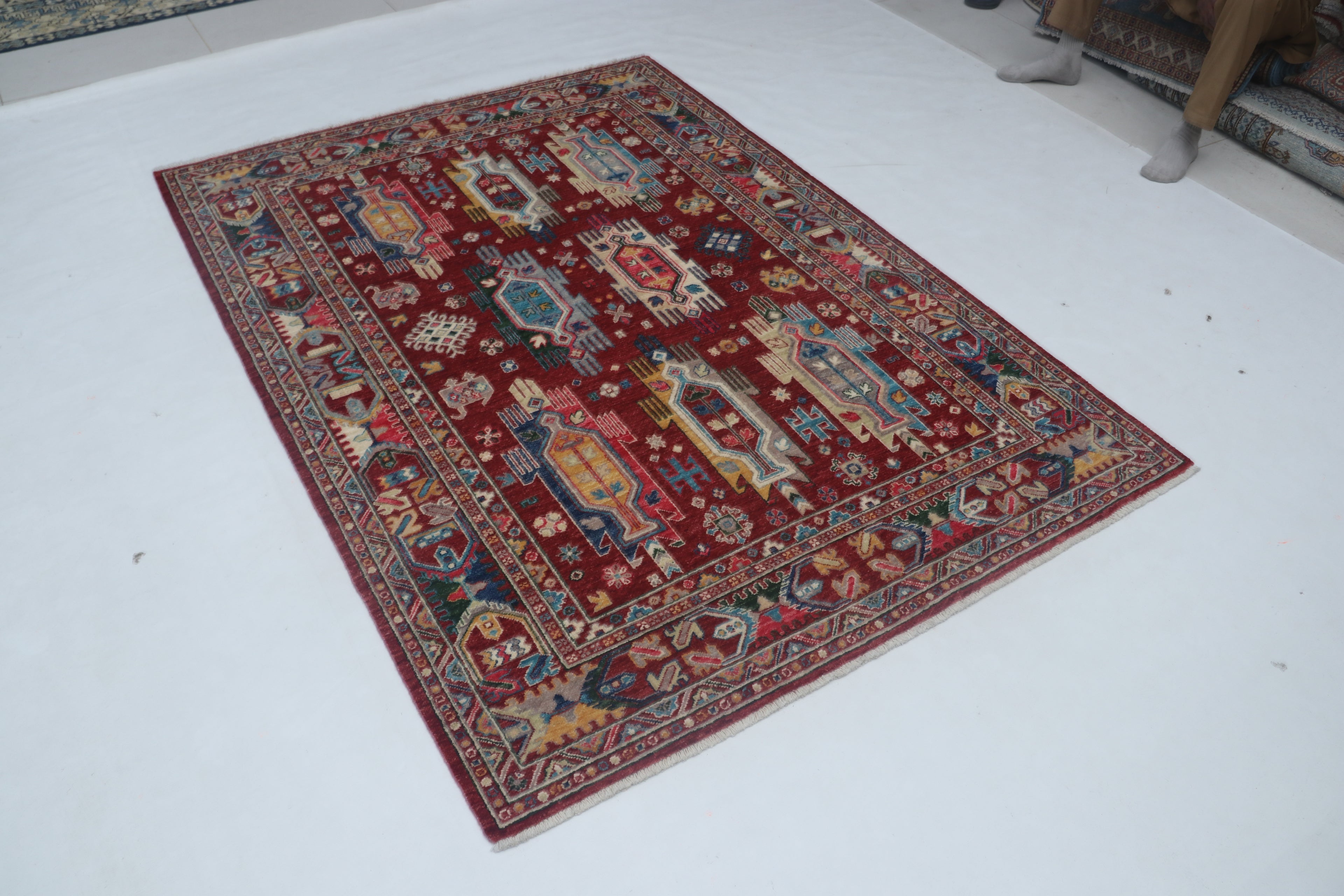 5x6 Red Chobi Floral Handmade Cotton & Wool Rug | Premium Luxury Area Rug