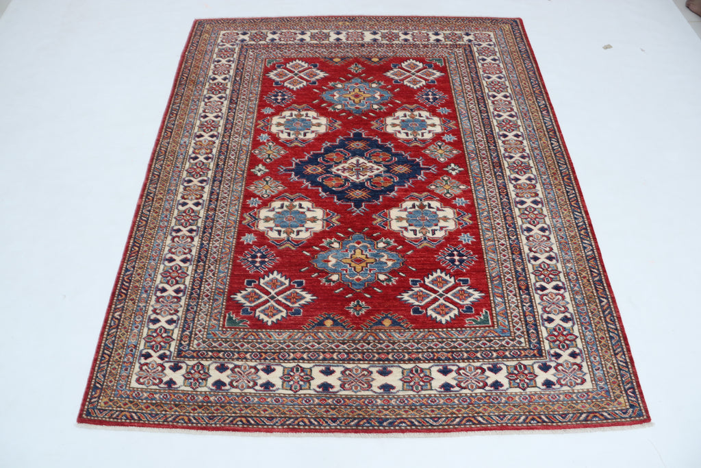 5x6 Red & Beige Super Kazak Geometric Handmade Cotton & Wool Rug | Premium Luxury Area Rug