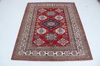 5x6 Red & Beige Super Kazak Geometric Handmade Cotton & Wool Rug | Premium Luxury Area Rug