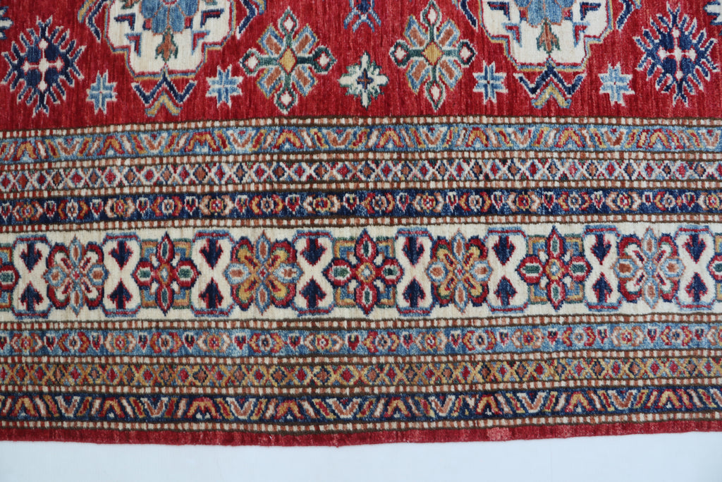 5x6 Red & Beige Super Kazak Geometric Handmade Cotton & Wool Rug | Premium Luxury Area Rug