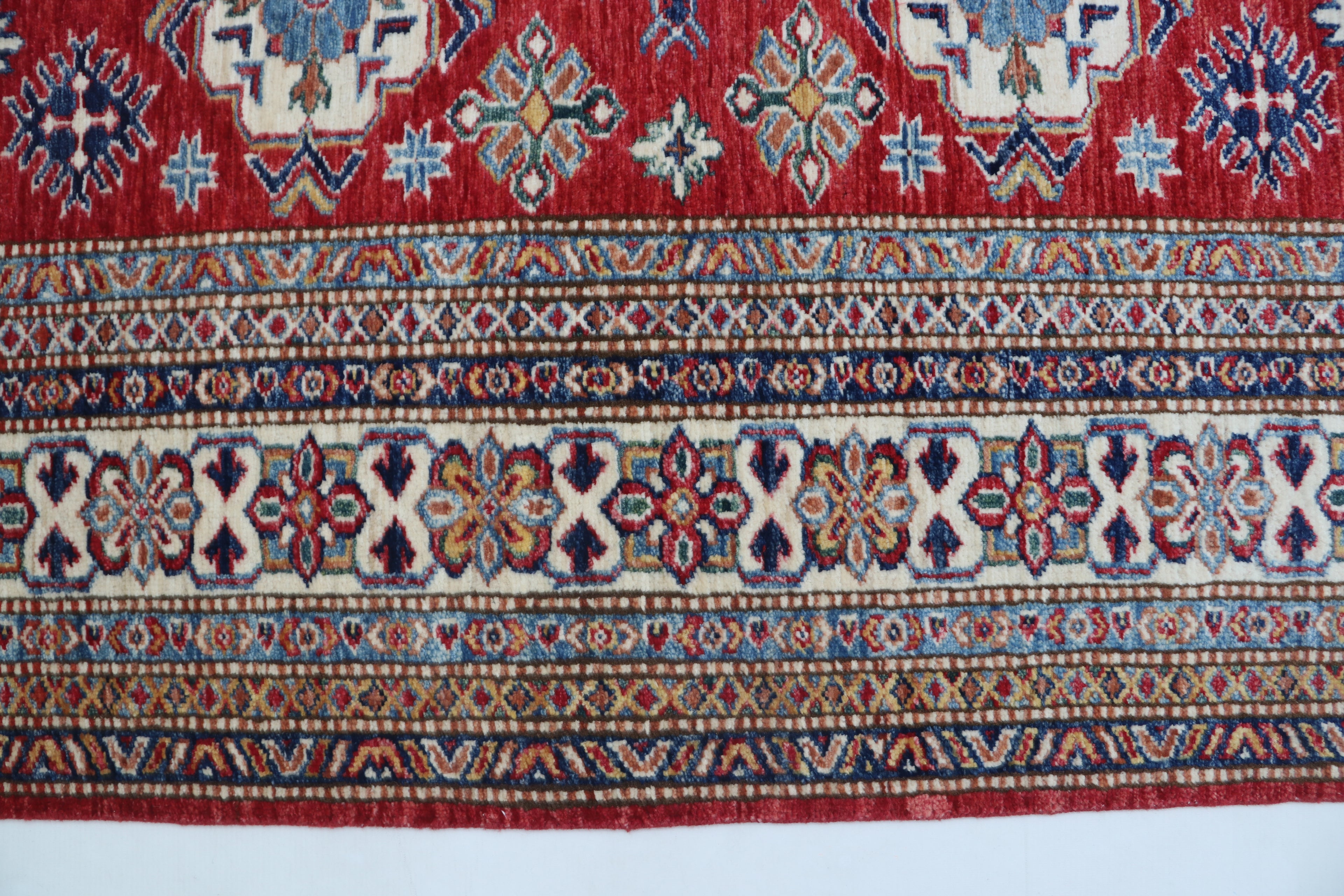 5x6 Red & Beige Super Kazak Geometric Handmade Cotton & Wool Rug | Premium Luxury Area Rug
