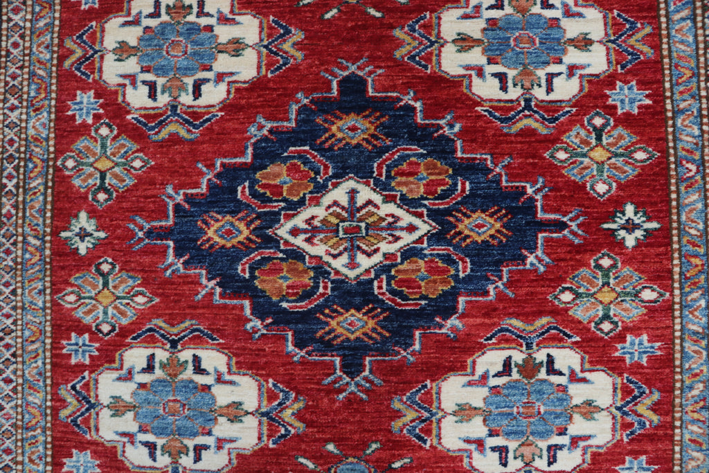 5x6 Red & Beige Super Kazak Geometric Handmade Cotton & Wool Rug | Premium Luxury Area Rug
