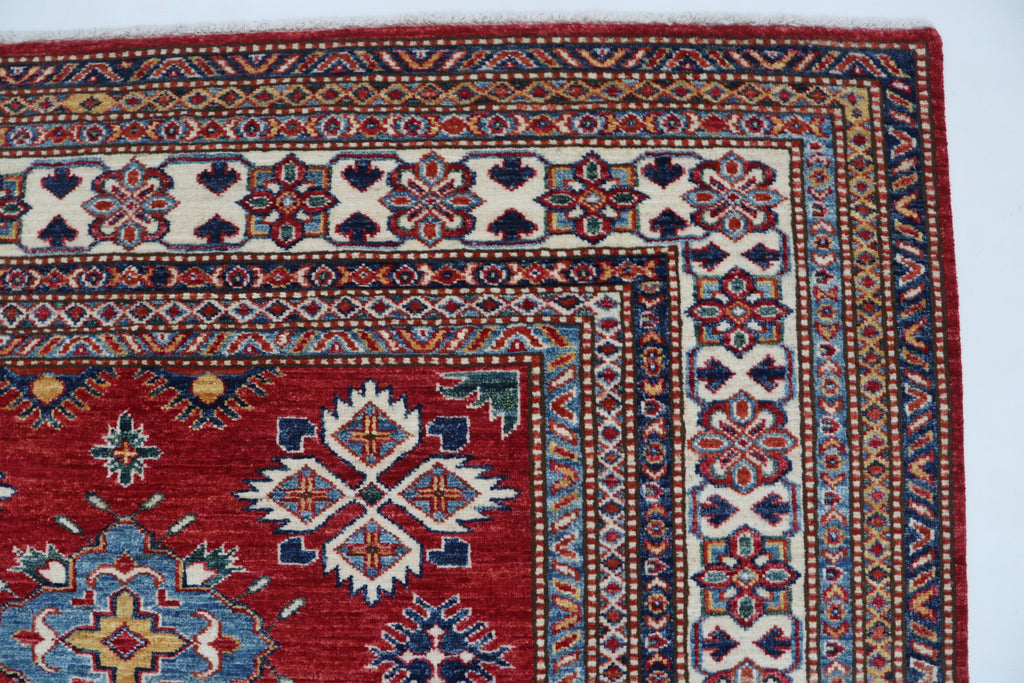 5x6 Red & Beige Super Kazak Geometric Handmade Cotton & Wool Rug | Premium Luxury Area Rug