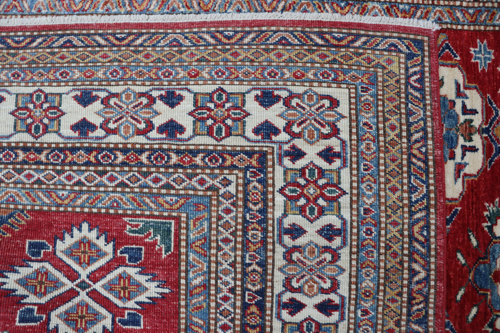 5x6 Red & Beige Super Kazak Geometric Handmade Cotton & Wool Rug | Premium Luxury Area Rug