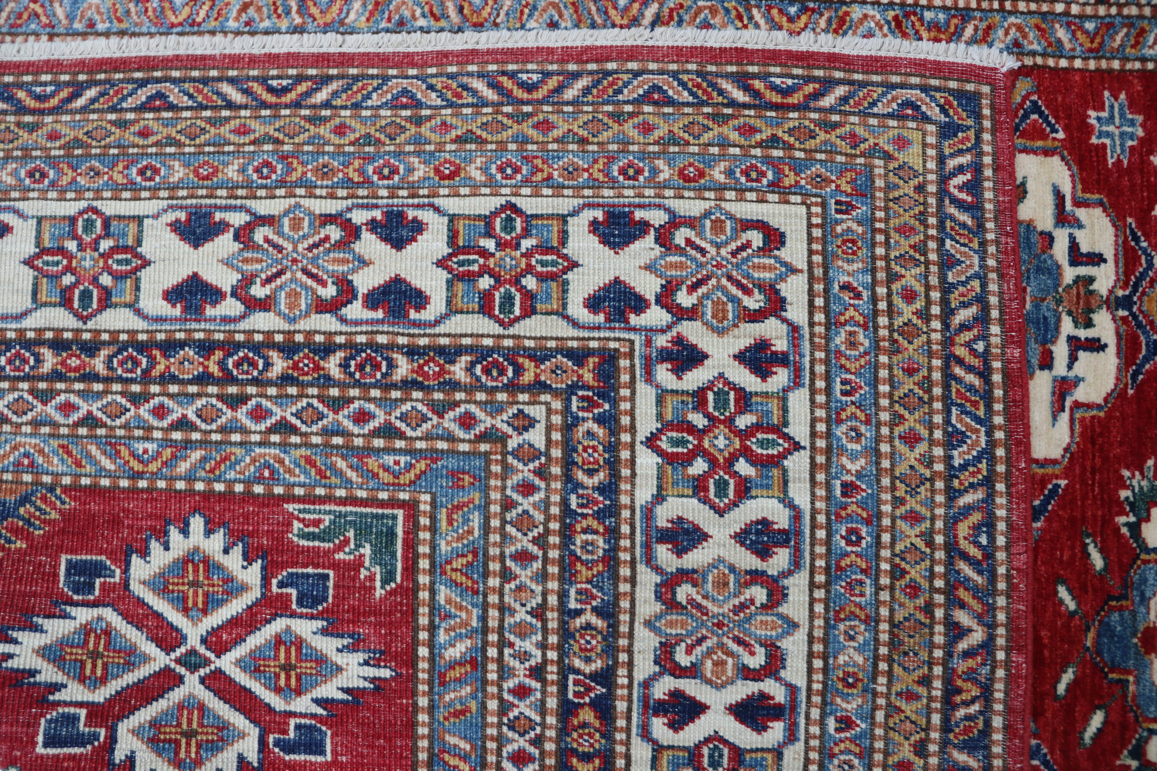 5x6 Red & Beige Super Kazak Geometric Handmade Cotton & Wool Rug | Premium Luxury Area Rug