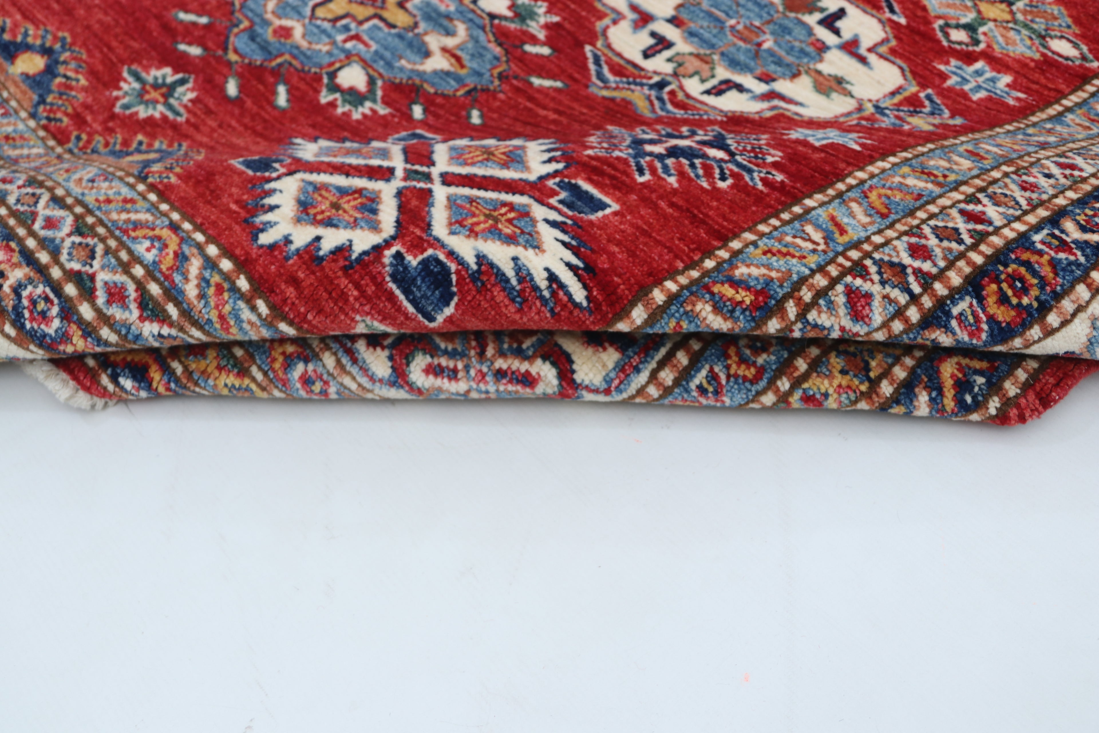5x6 Red & Beige Super Kazak Geometric Handmade Cotton & Wool Rug | Premium Luxury Area Rug