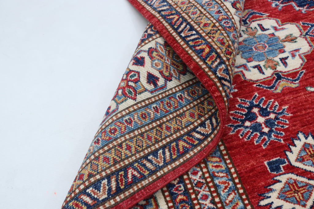 5x6 Red & Beige Super Kazak Geometric Handmade Cotton & Wool Rug | Premium Luxury Area Rug