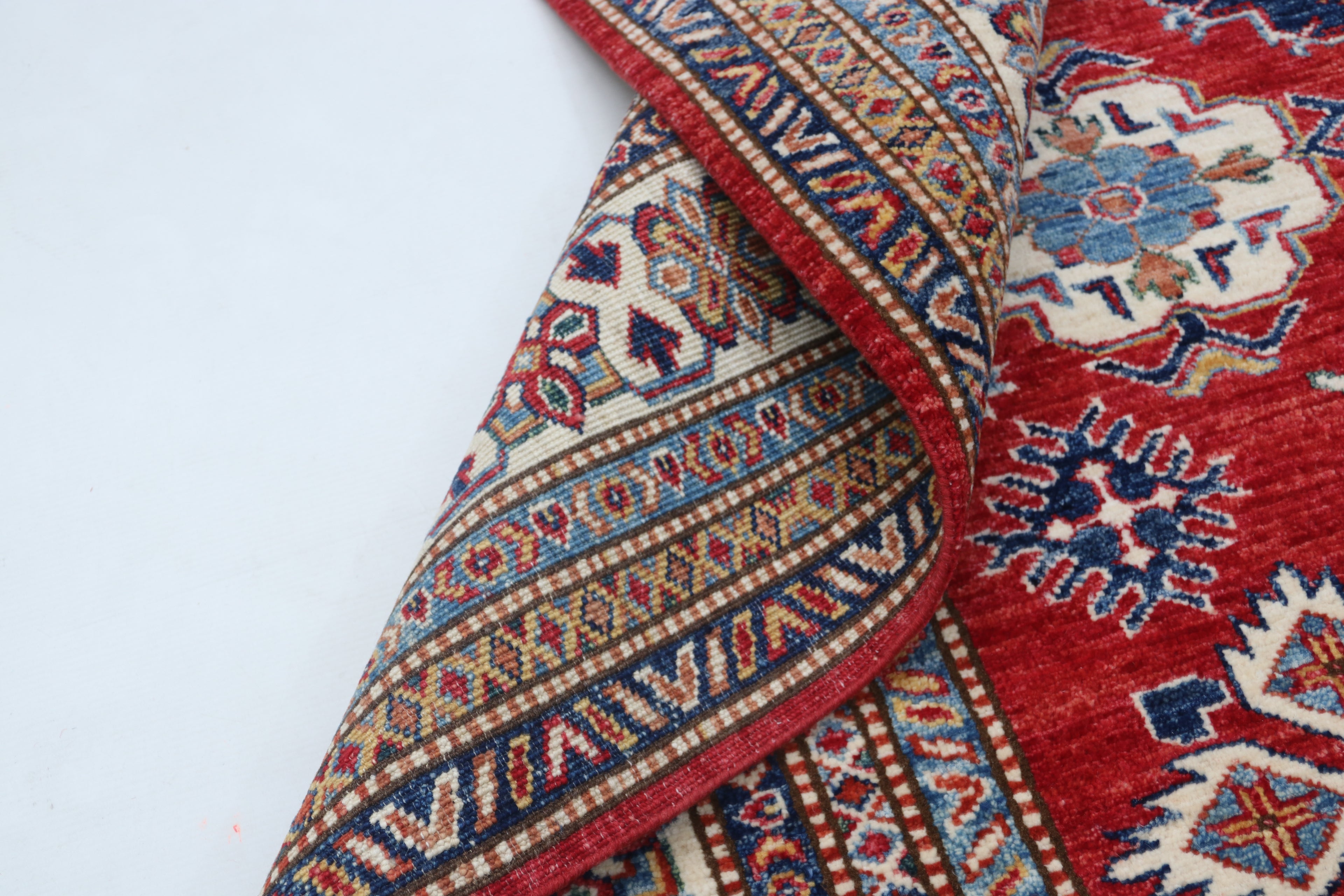 5x6 Red & Beige Super Kazak Geometric Handmade Cotton & Wool Rug | Premium Luxury Area Rug