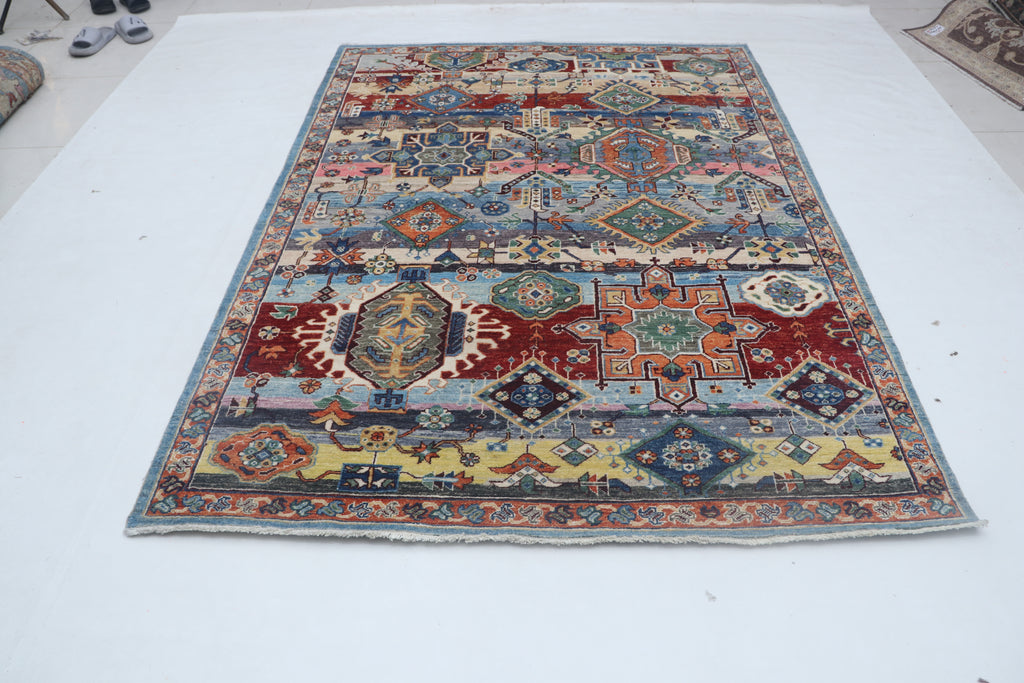 6x8 Multi-Color Hariz Area Rug | Handmade Rainbow Wool & Cotton Rug | Vegetable Dyed