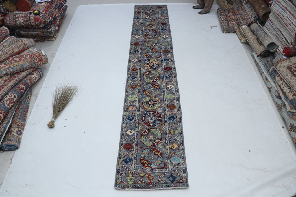2x13 Gray Chobi Runner Rug | Handmade Wool & Cotton Floral Rug | Luxury Chobi Rug