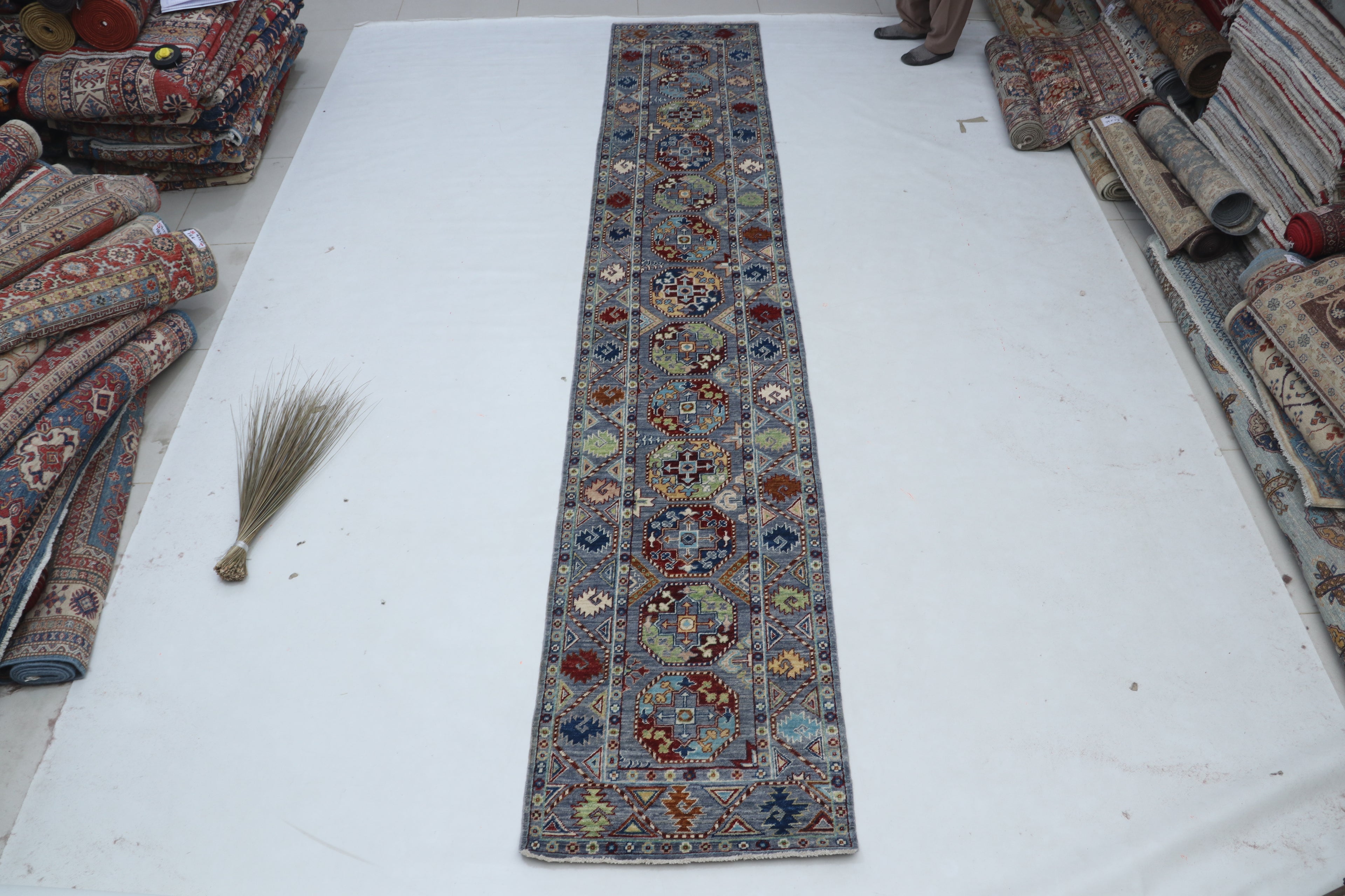 2x13 Gray Chobi Runner Rug | Handmade Wool & Cotton Floral Rug | Luxury Chobi Rug